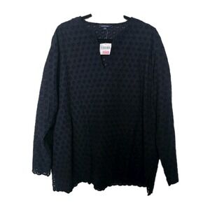 NWT Lands End XL Navy Blue Eyelet Top Long Sleeve V-Neck Pullover Preppy Coastal